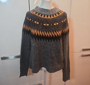 American Eagle Nordic Cropped Crewneck Cotton Chunky Sweater Gray Small